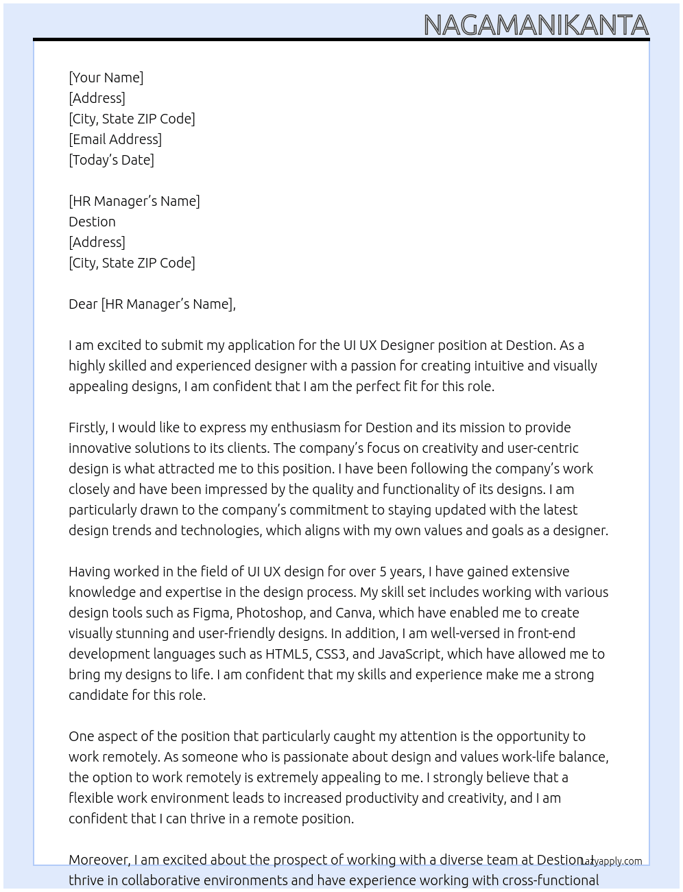 UI UX Designer At Destion Cover Letter
