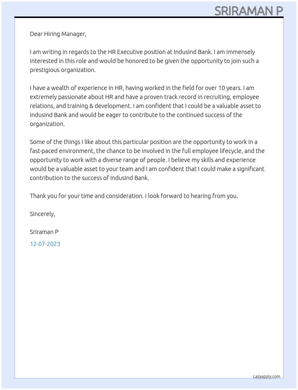HR Executive At IndusInd Bank Cover Letter