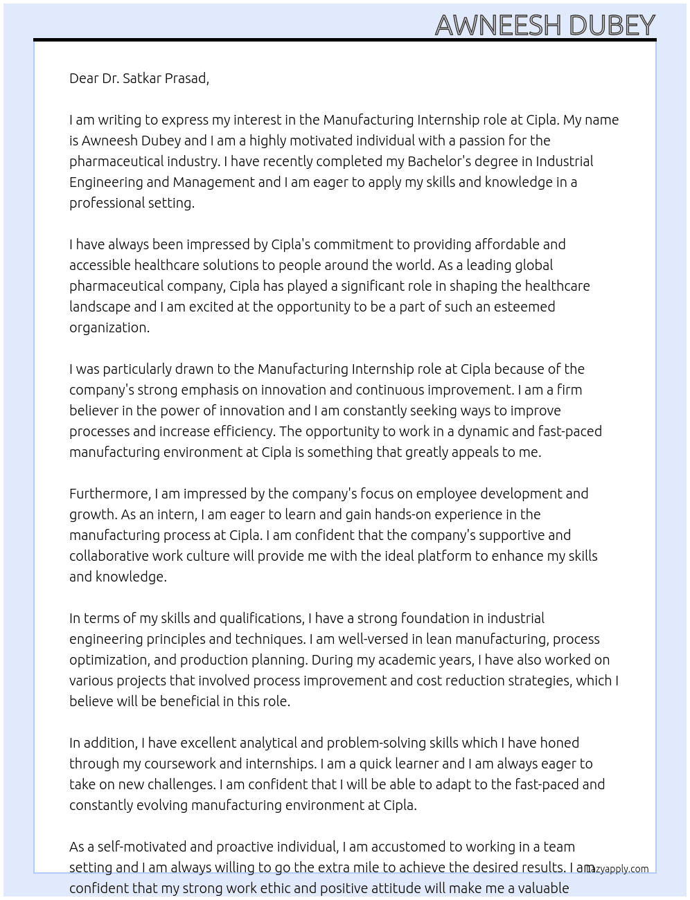 Manufacturing  At Cipla Cover Letter
