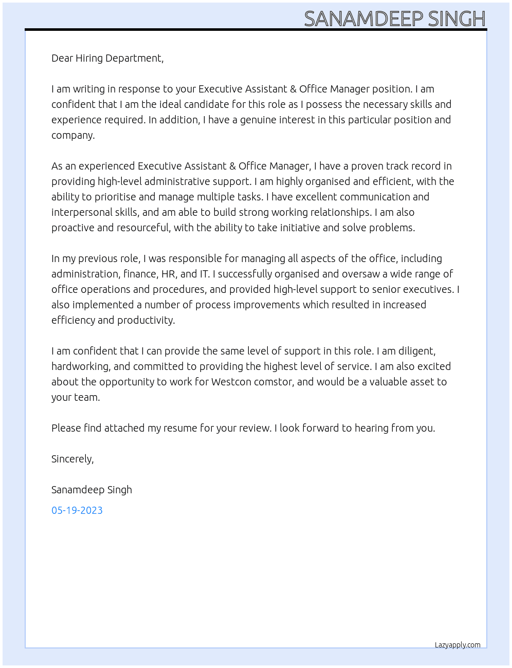 Executive Assistant & Office Manager At Westcon comstor Cover Letter