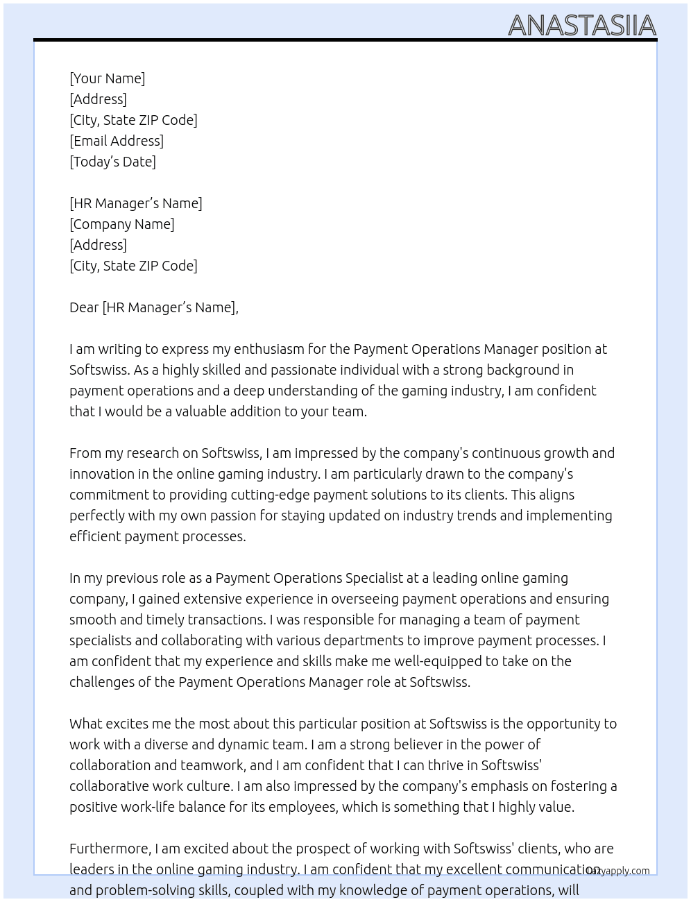 Payment operations manager At Softswiss Cover Letter