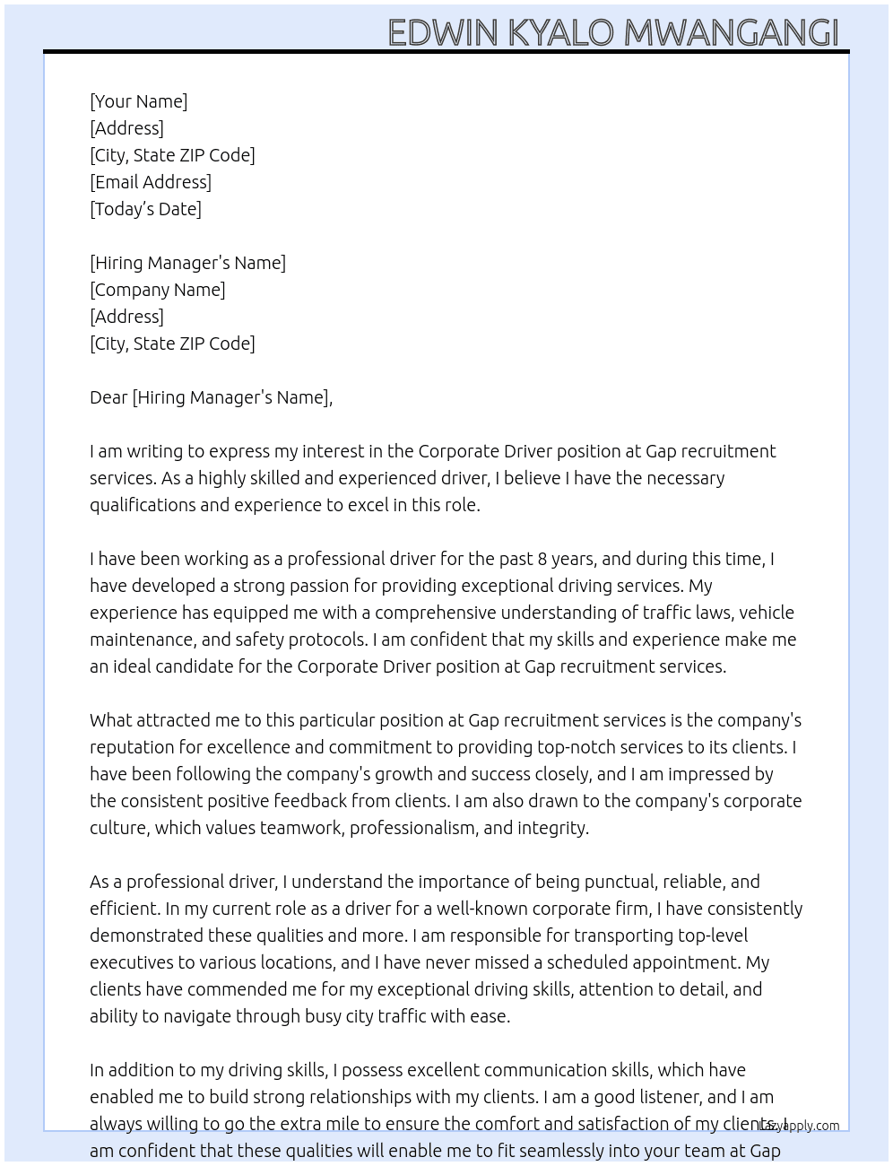 Corporate Driver  At Gap recruitment services  Cover Letter