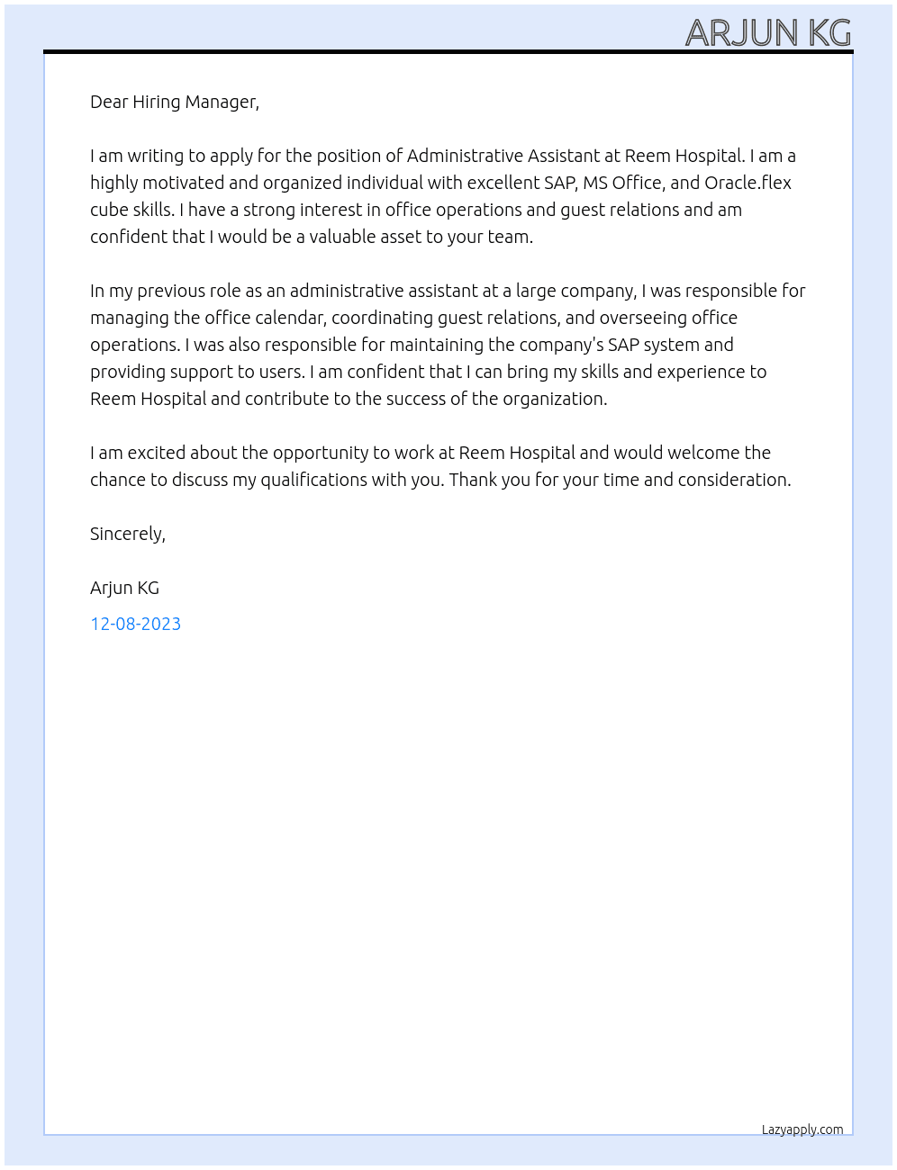 Administrative Assistant  At Reem Hospital Cover Letter