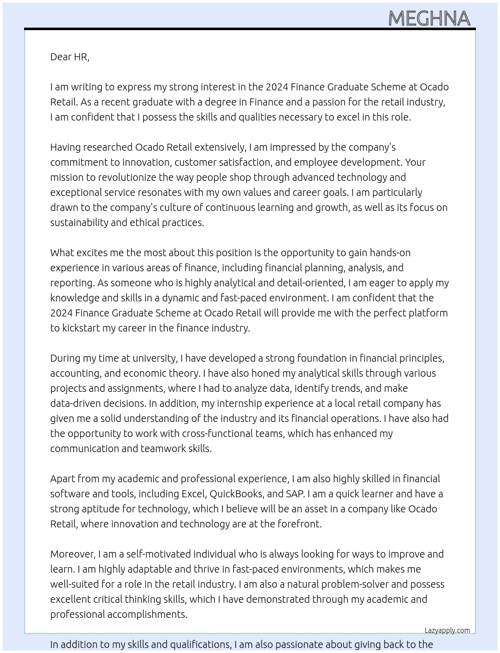 2024 Finance Graduate Scheme At Ocado Retail Cover Letter