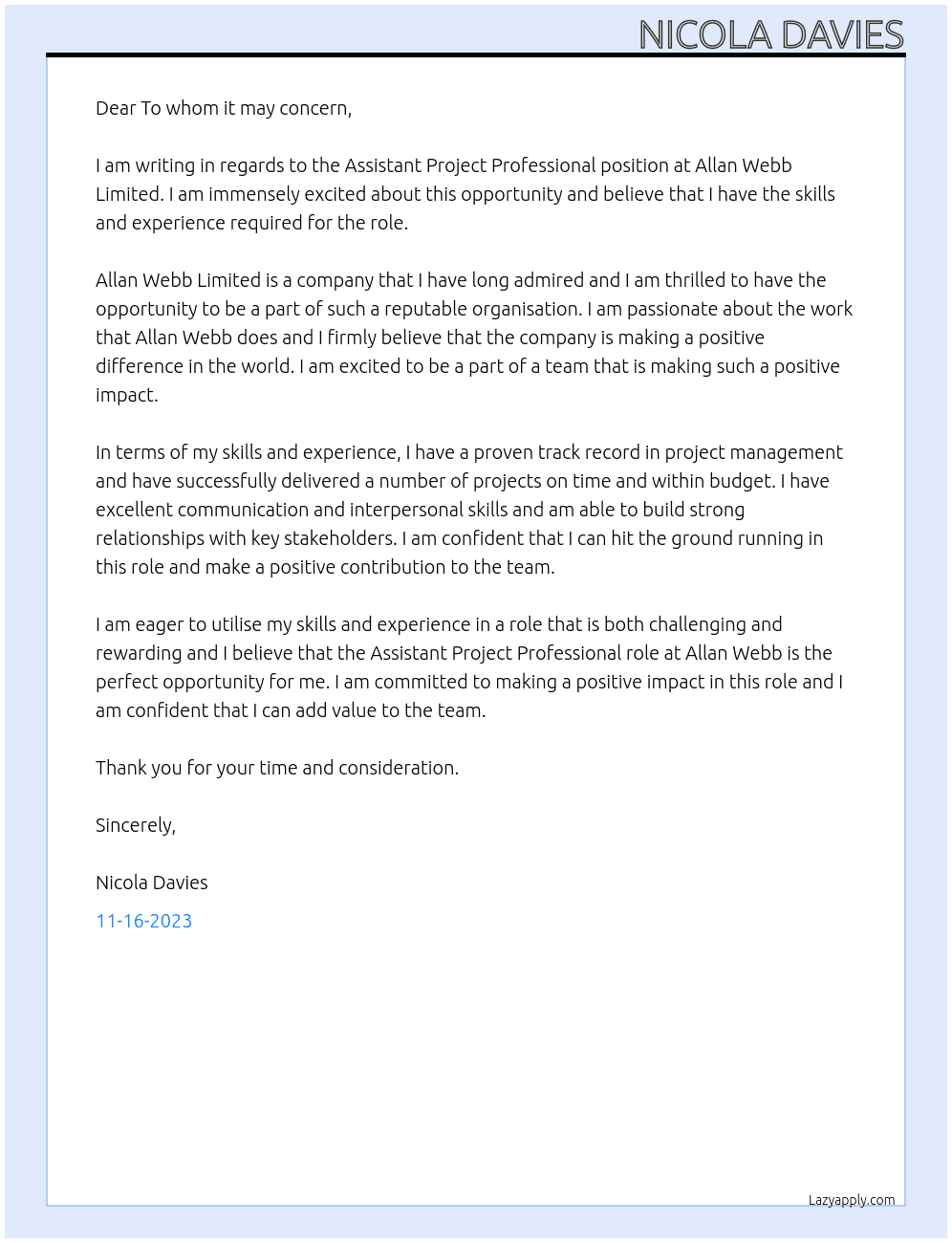 Assistant Project Professional At Allan Webb Limited Cover Letter