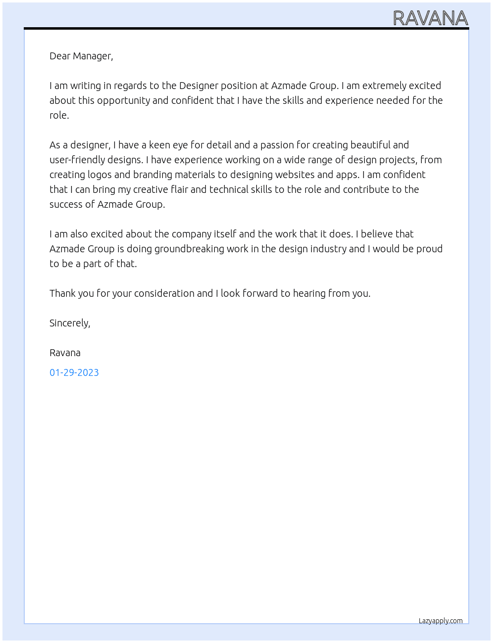 Designer At Azmade Group Cover Letter