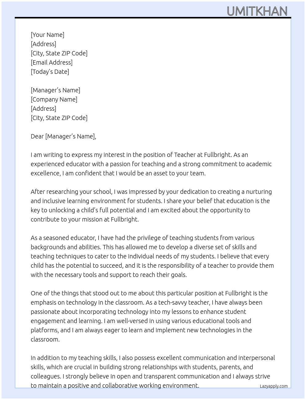 TEACHER  At Fullbright Cover Letter