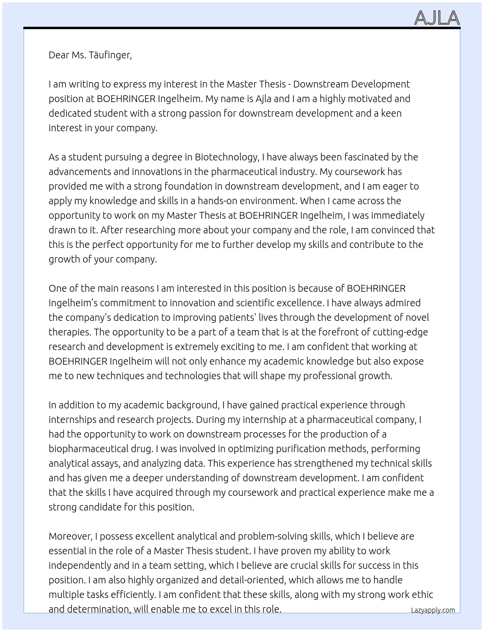 Master Thesis - Downstream Development At BOEHRINGER Ingelheim Cover Letter