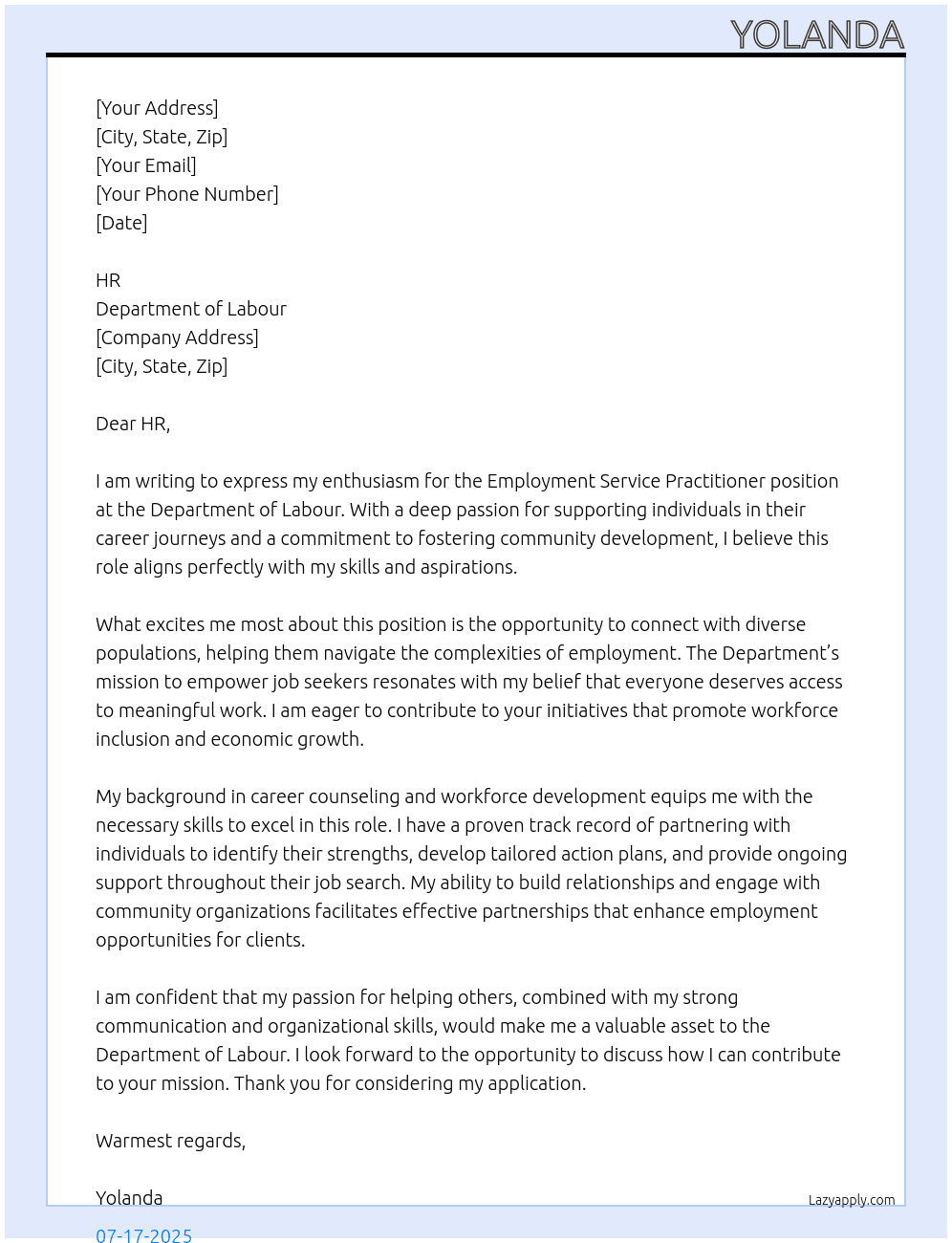 Cover letter for employment service practitioner - LazyApply