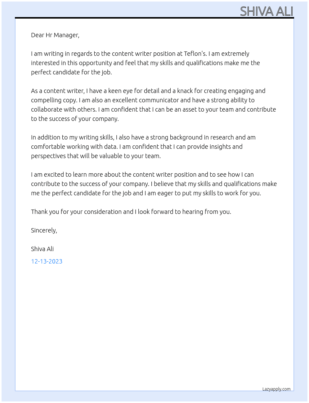 Content writer At Teflon's Cover Letter