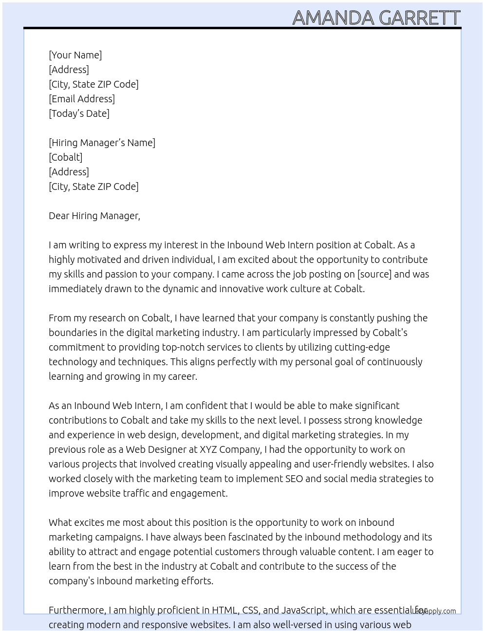 Inbound Web Intern At Cobalt Cover Letter