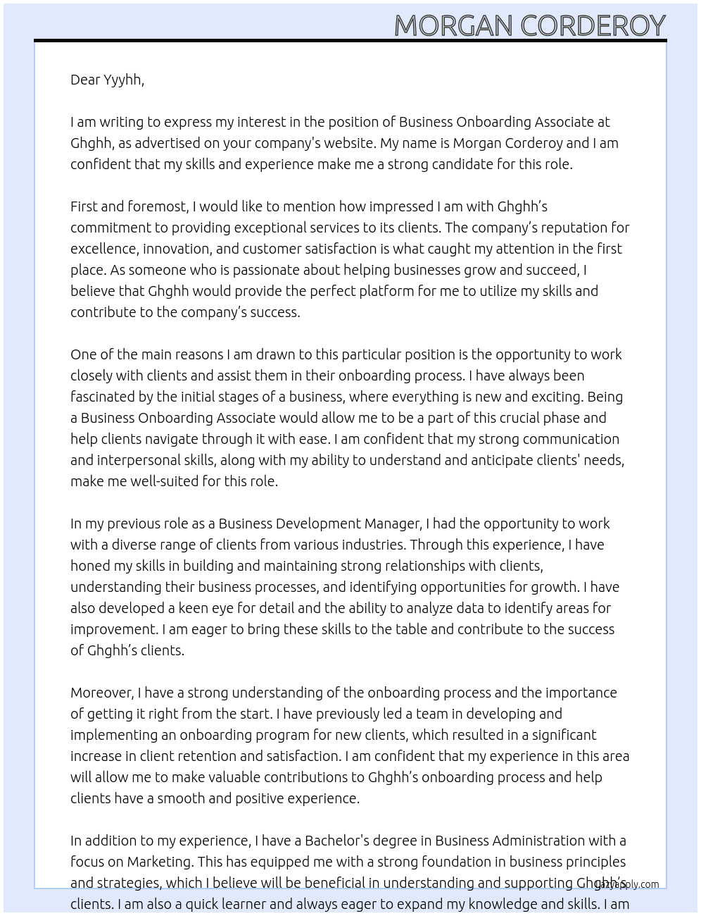 Business onboarding associate At Ghghh Cover Letter