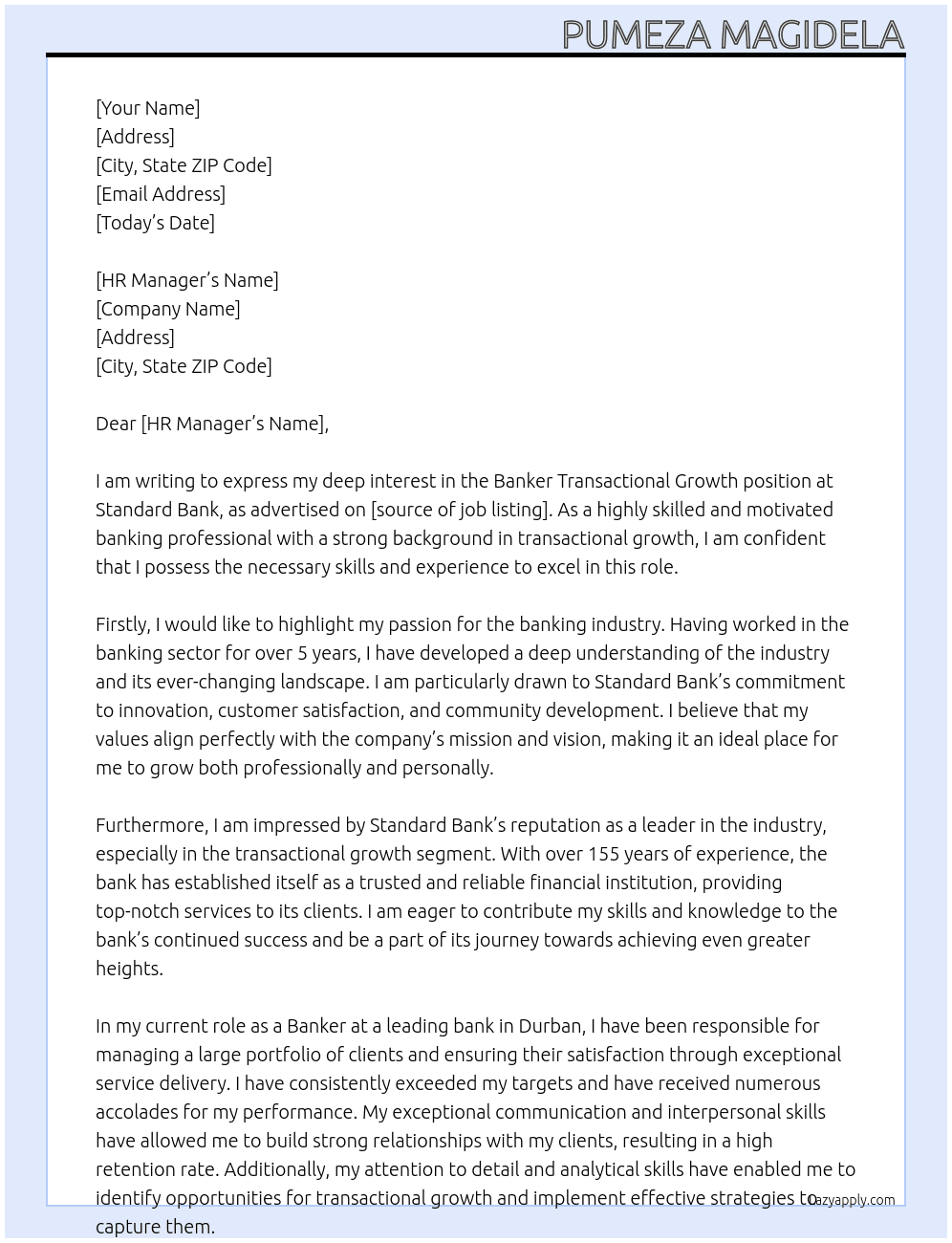 Cover letter for banker transactional growth - LazyApply
