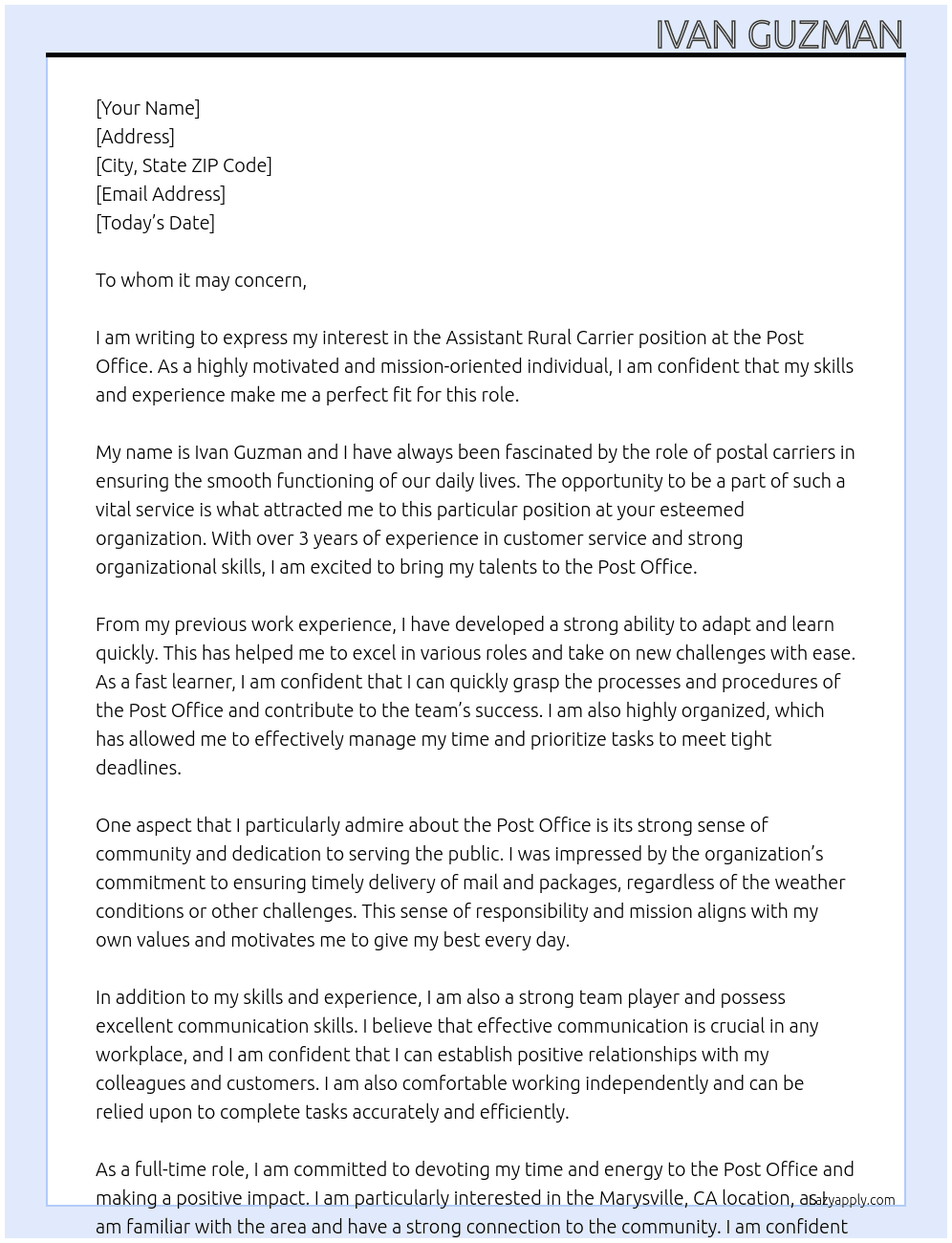 Assistant Rural Carrier At Post Office Cover Letter