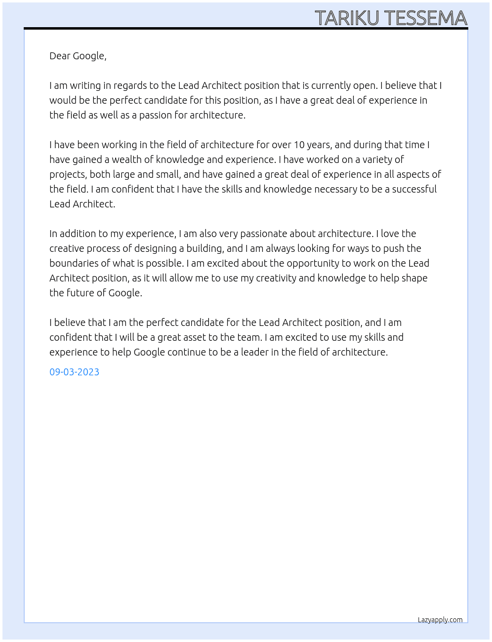 Lead Architect  At Google Cover Letter