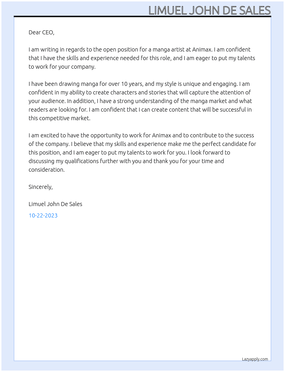 Manga artist At Animax Cover Letter