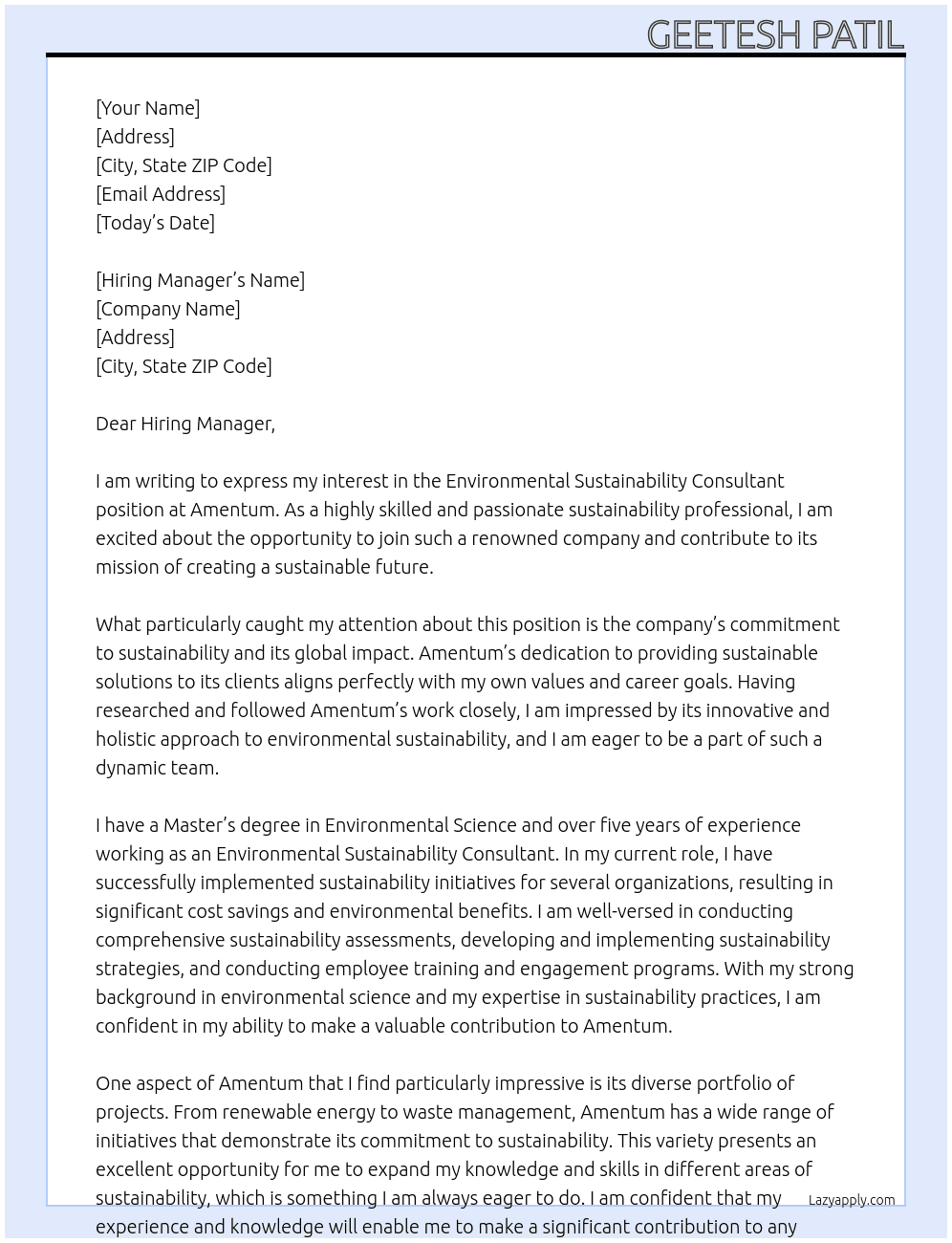 Environmental Sustainability Consultant At Amentum Cover Letter