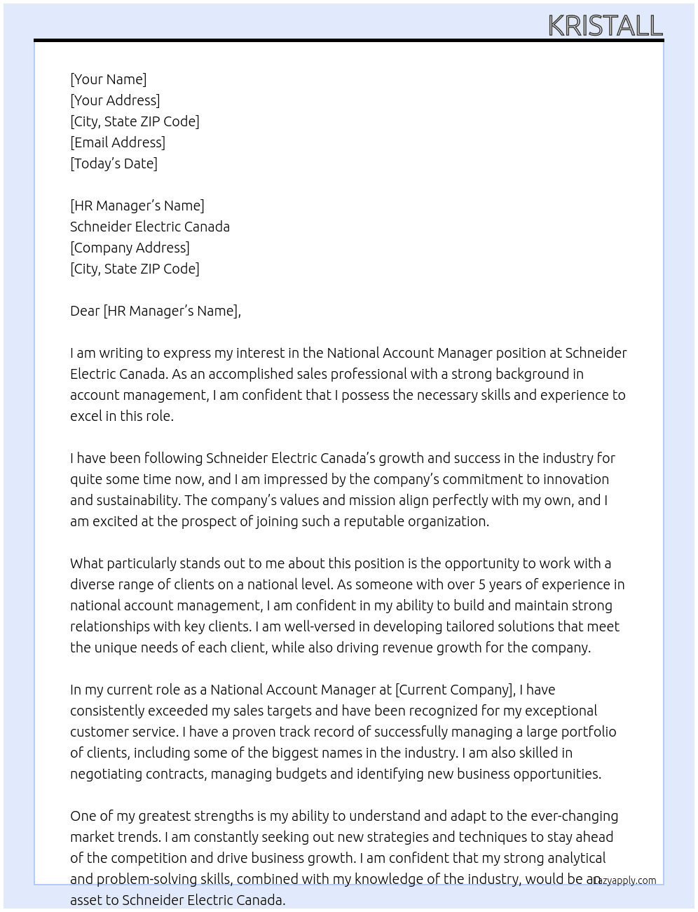 National Account Manager At Schneider Electric Canada Cover Letter