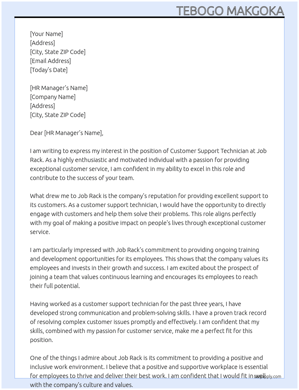 Customer Support Technician At Job Rack Cover Letter