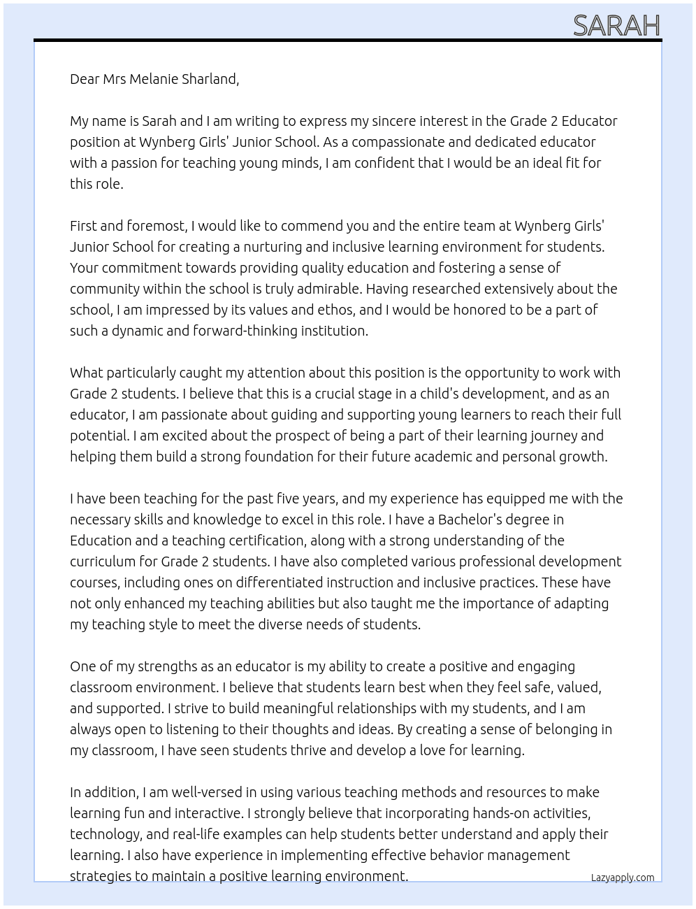 Grade 2 Educator At  Wynberg Girls' Junior School Cover Letter