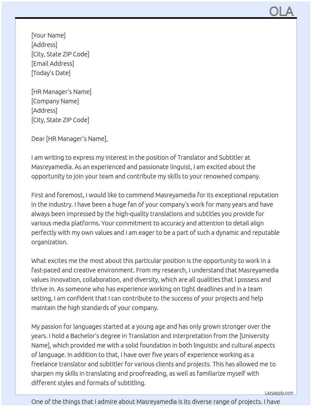 Translator ans subtitler At Masreyamedia Cover Letter