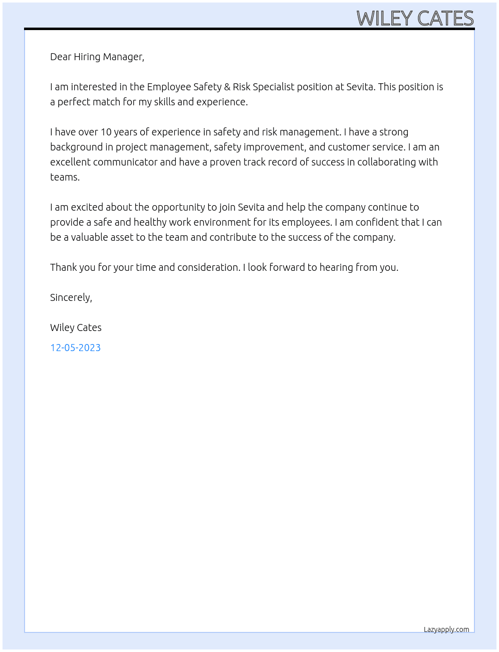 Employee Safety & Risk Specialist  At Sevita Cover Letter