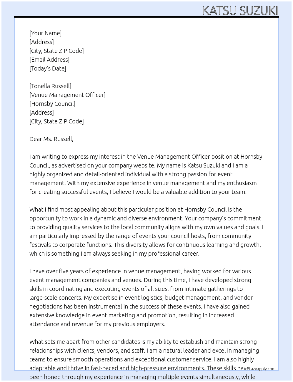 Venue Management Officer At Hornsby Council Cover Letter