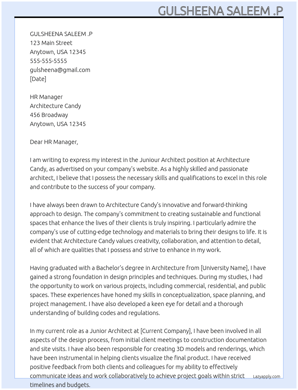 Juniour architect At Architecture Candy Cover Letter