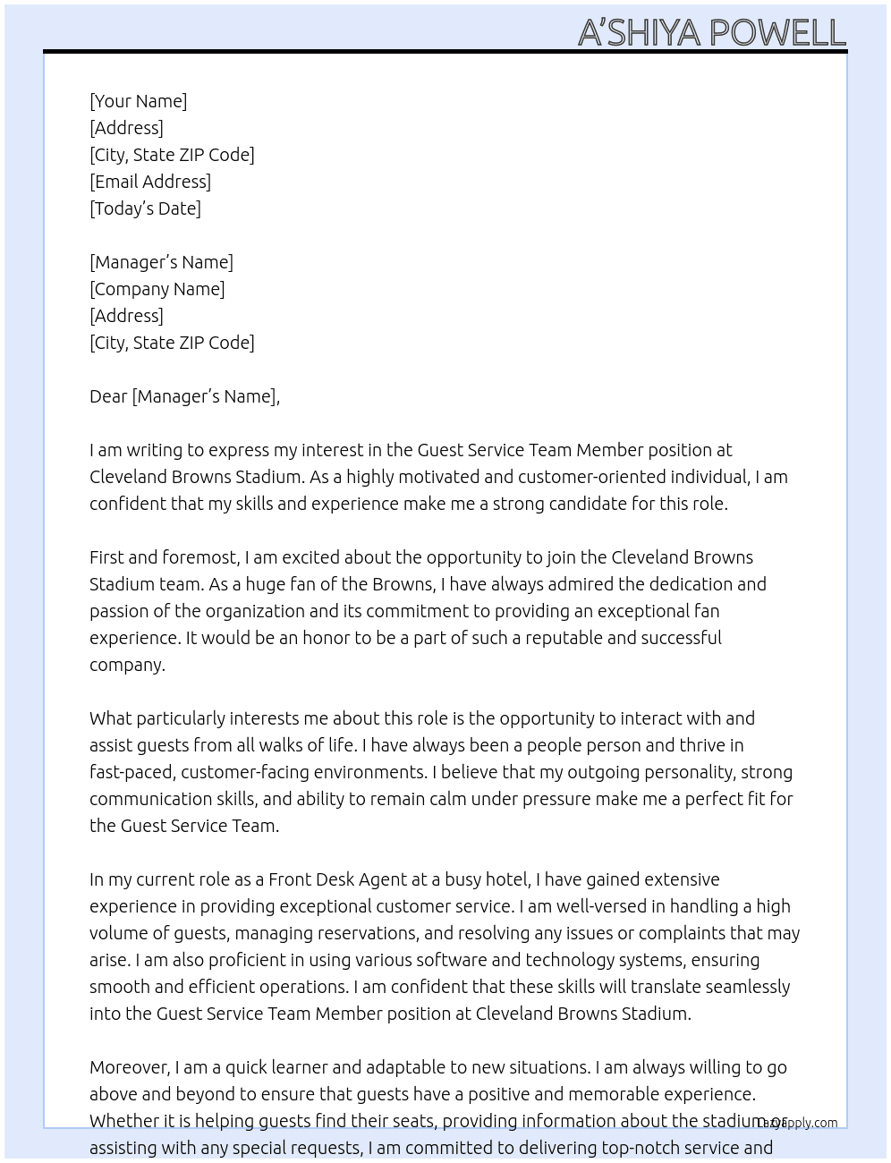 Guest service team member  At Cleveland Browns Stadium Cover Letter