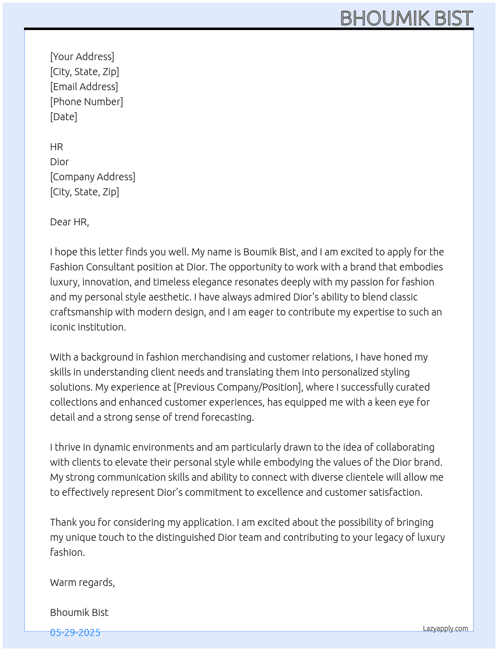 FASHION CONSULTANT  At DIOR  Cover Letter