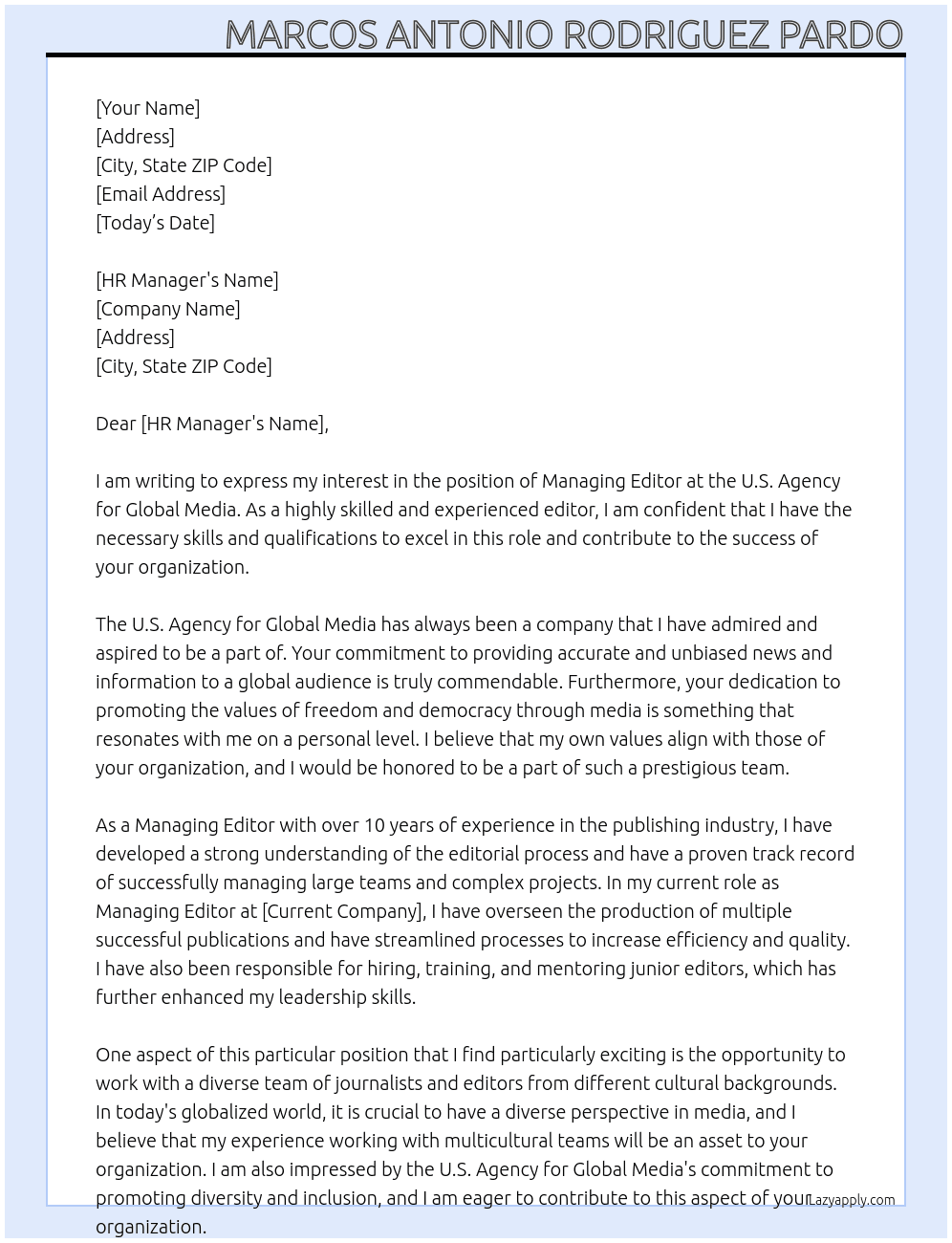 Managing Editor At U.S. Agency for Global Media Cover Letter