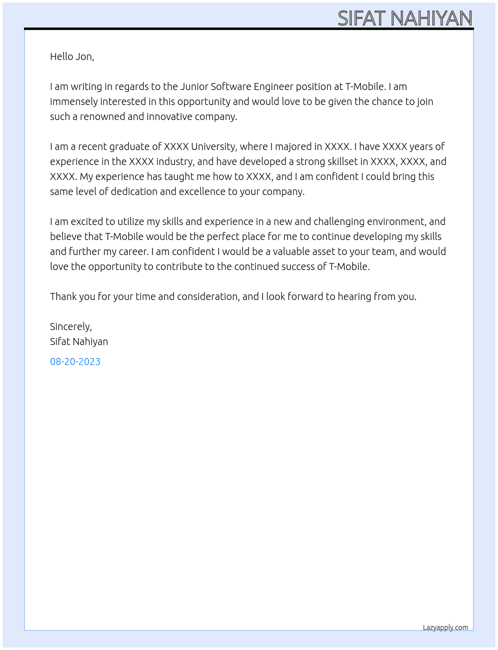 Junior software engineer At T mibile Cover Letter