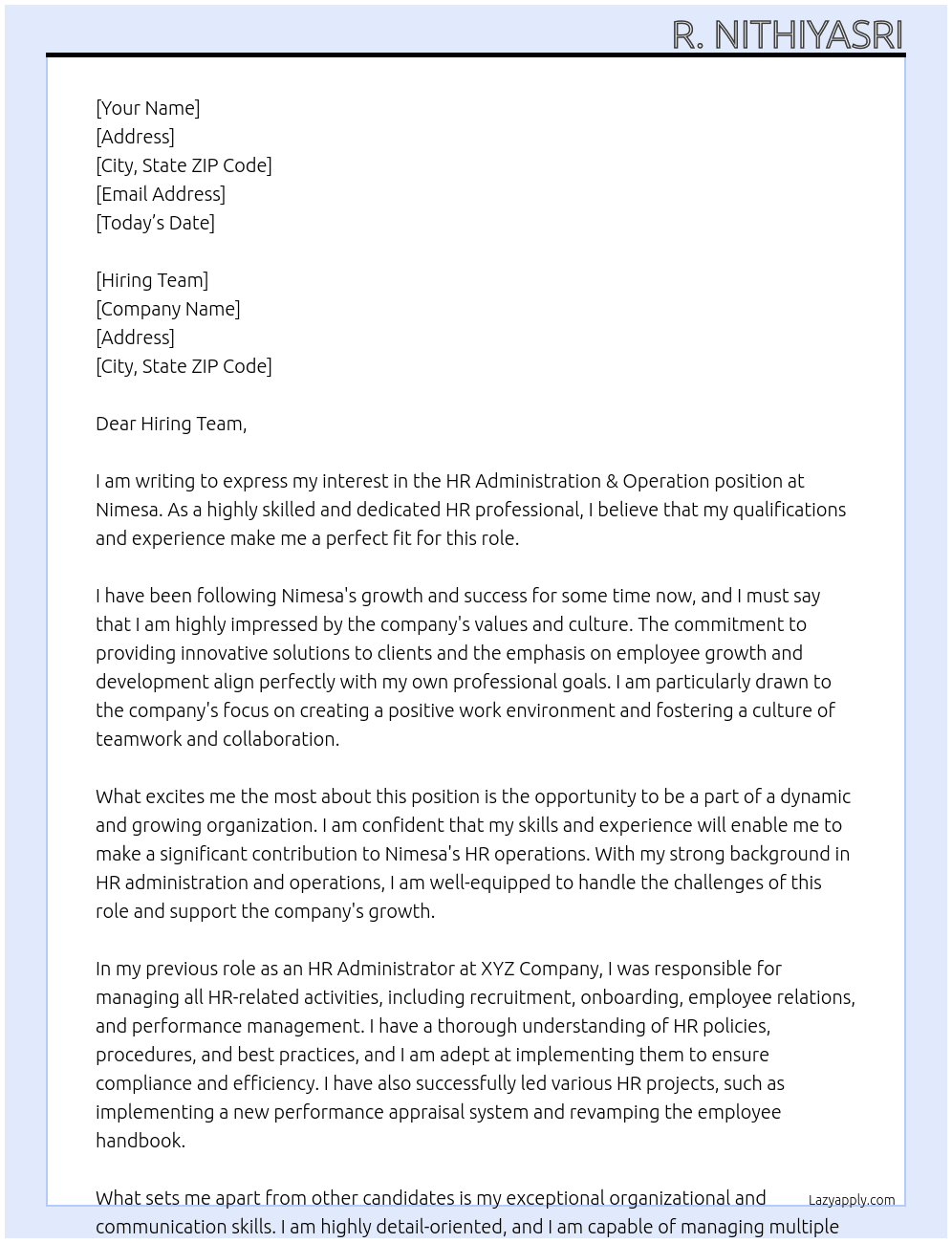 Hr Administration &operation At Nimesa Cover Letter