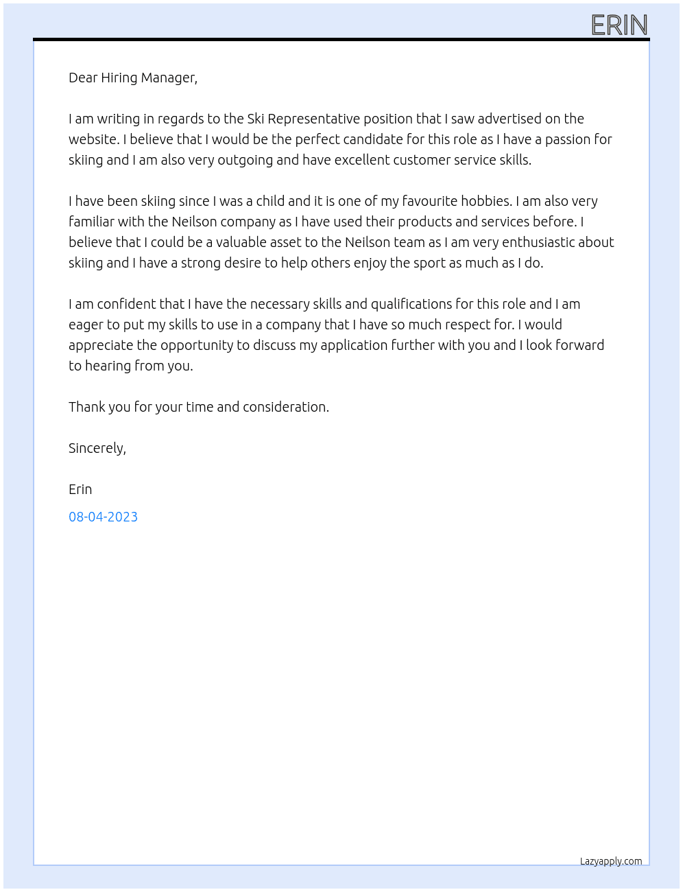 Ski representative At Neilson Cover Letter