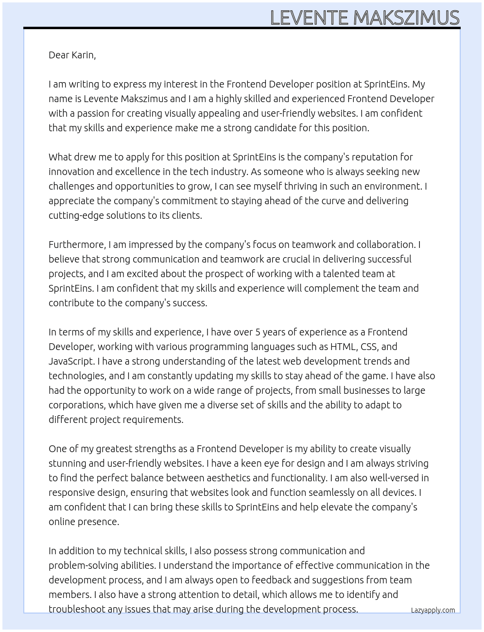 Frontend Developer At SprintEins Cover Letter