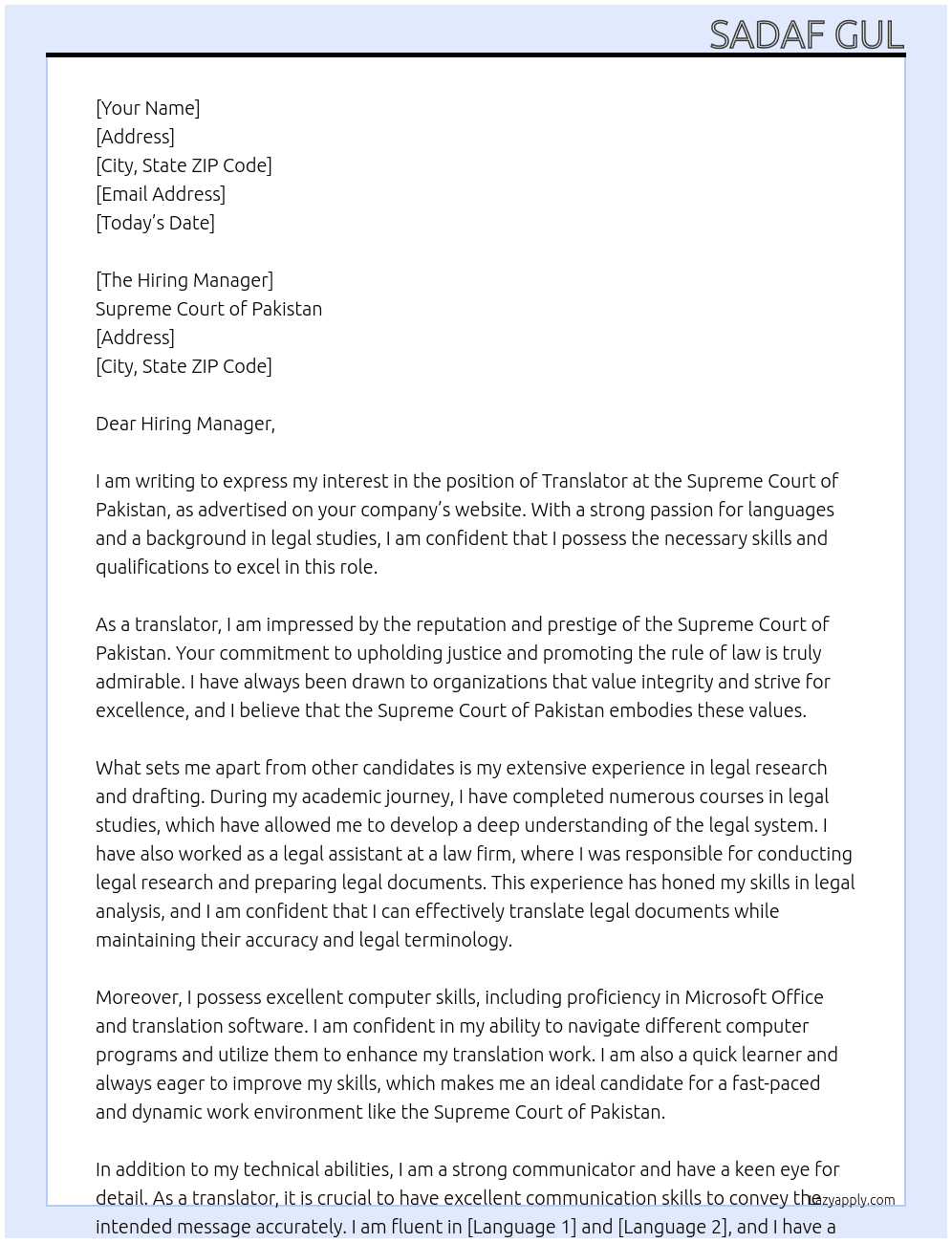 translator  At Supreme Court of Pakistan Cover Letter