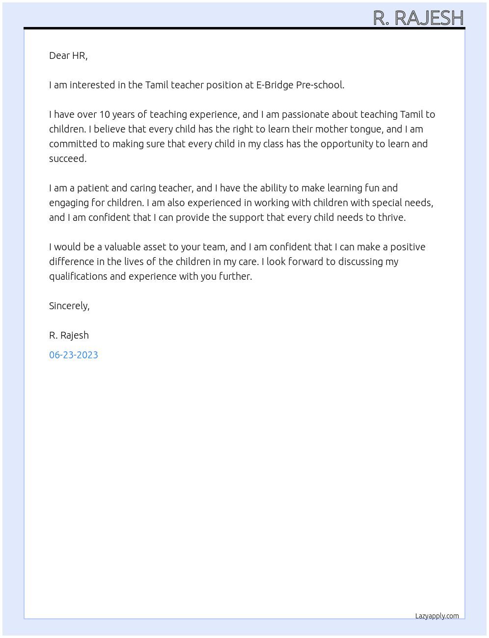 Tamil teacher At E-Bridge Pre-school Cover Letter