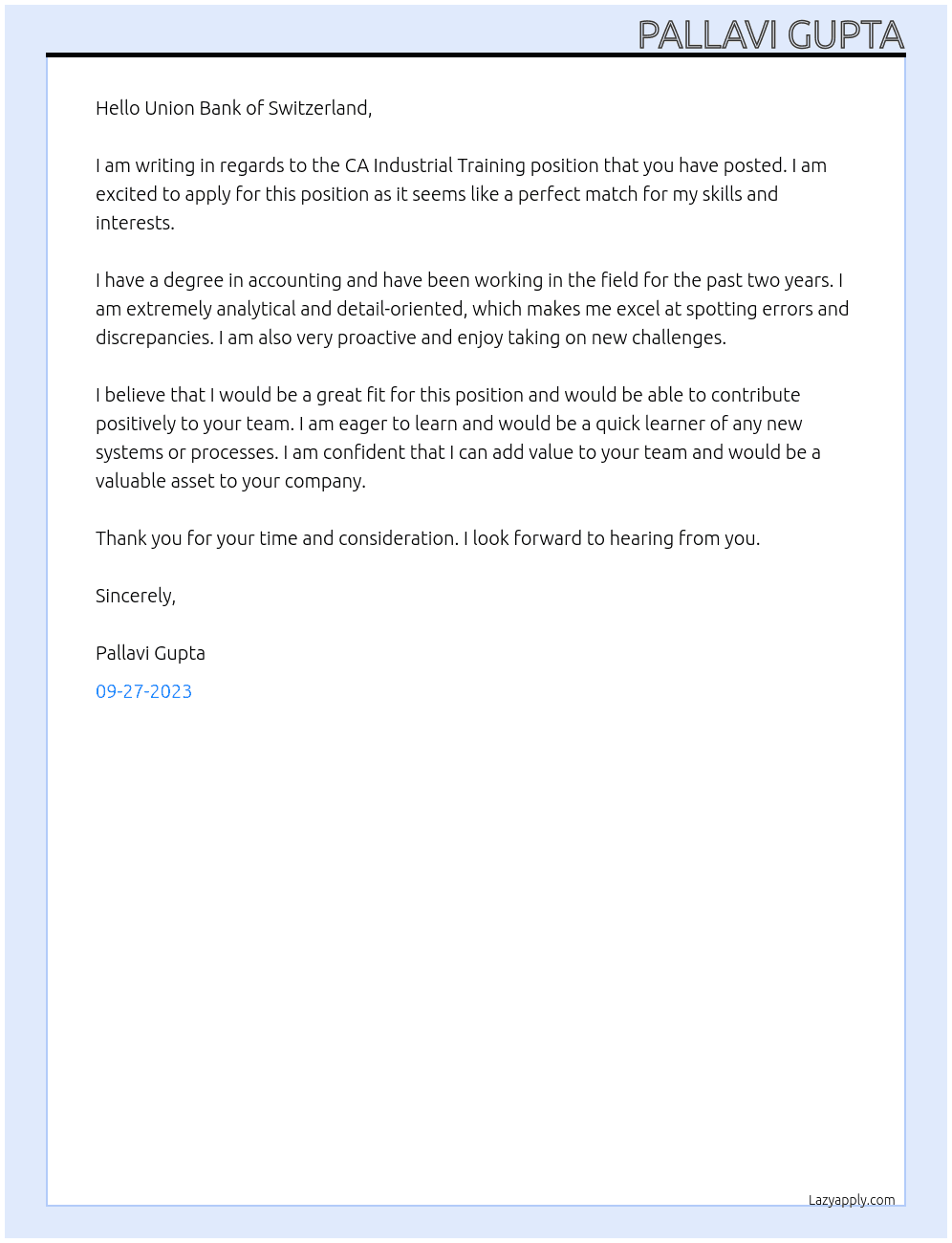 CA Industrial Training At Union Bank of Switzerland Cover Letter