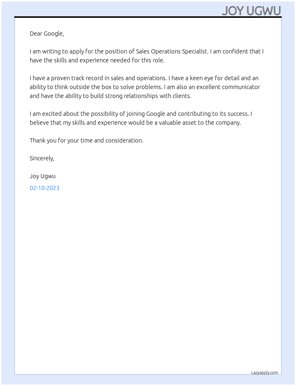 Sales Operations Specialist At google Cover Letter