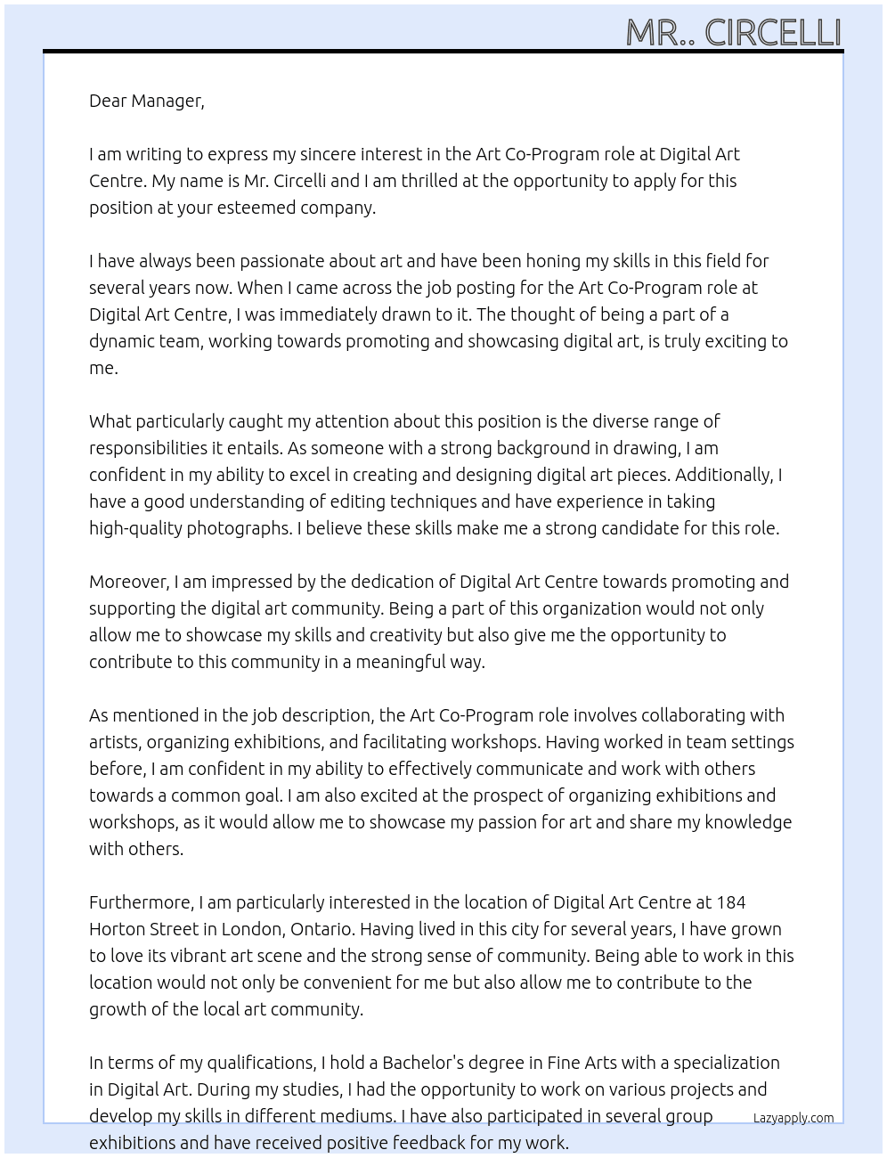 art At digitial art centre Cover Letter