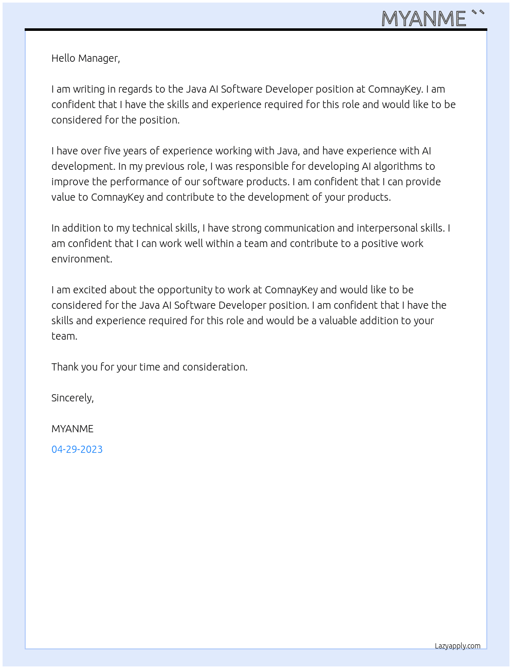 Java Ai Software developer At ComnayKey Cover Letter