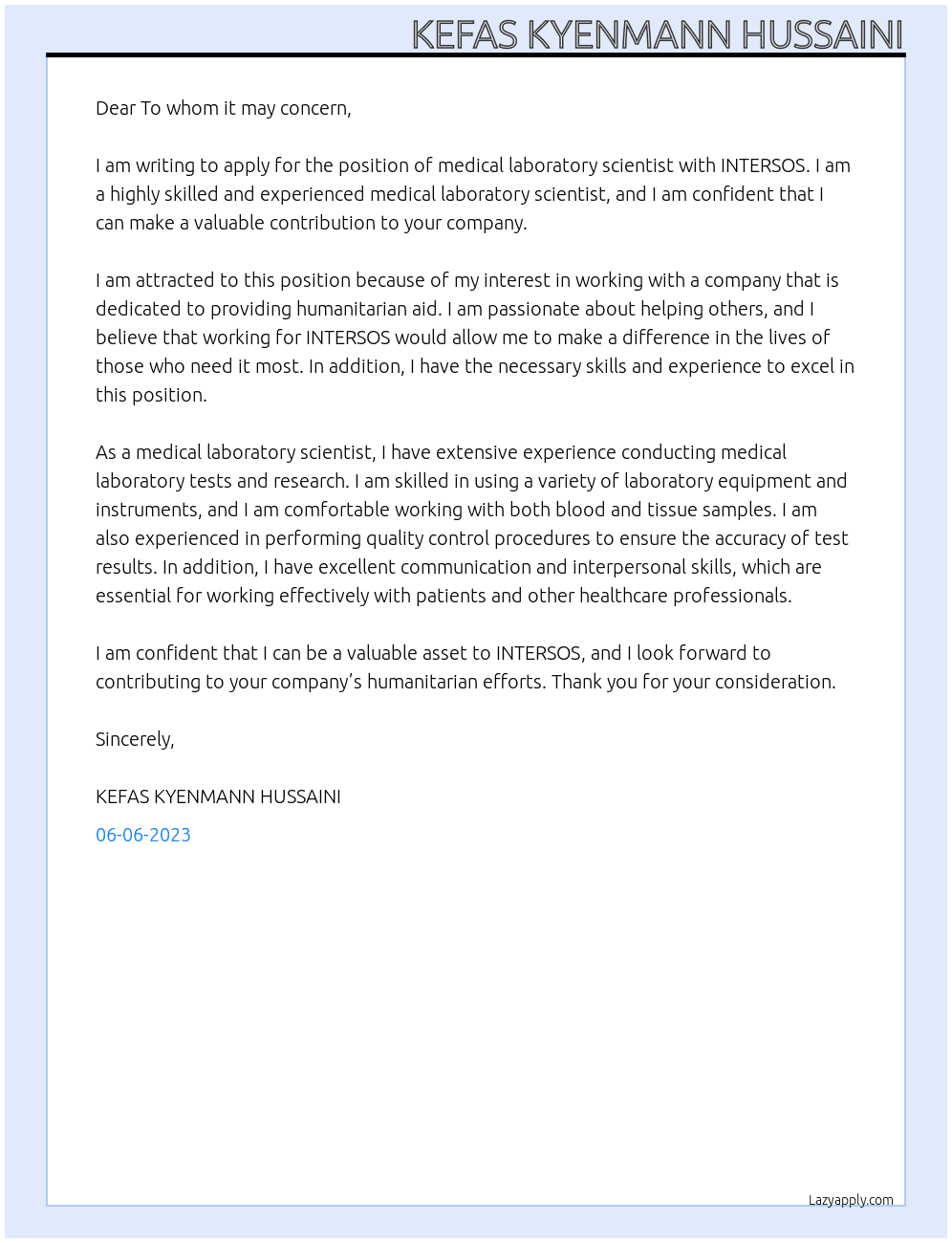 medical laboratory scientist At INTERSOS Cover Letter
