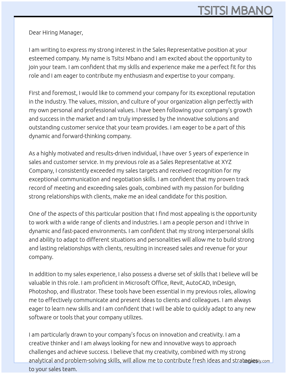 Sales Representative At Not available Cover Letter