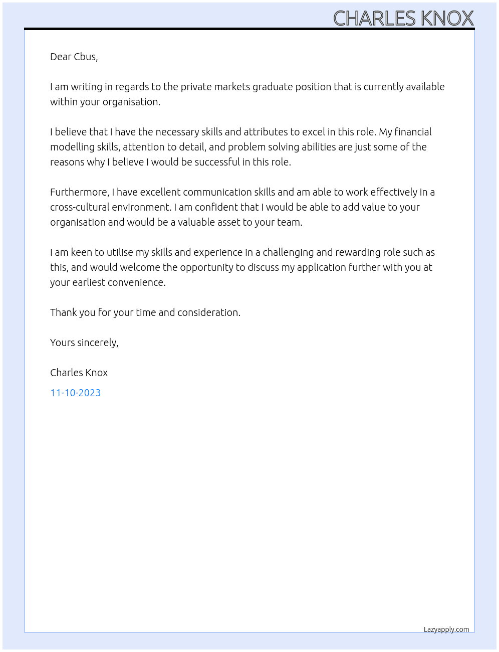 Private Markets Graduate At Cbus Super Cover Letter