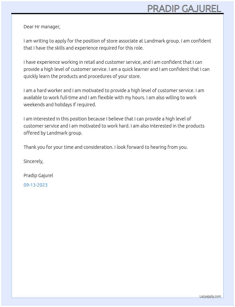 Store associate  At Landmark group  Cover Letter