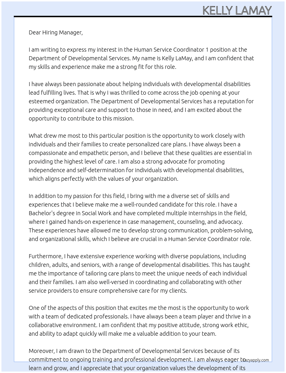 Human Service Coordinator 1 At Department of Developmental Services Cover Letter