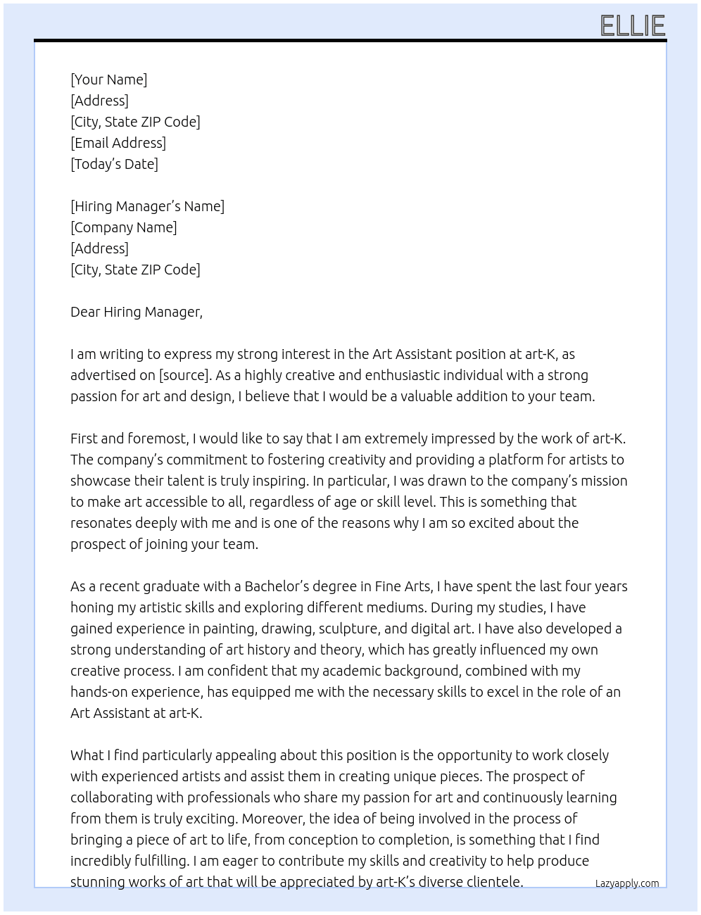 Art Assistant At art-K Cover Letter