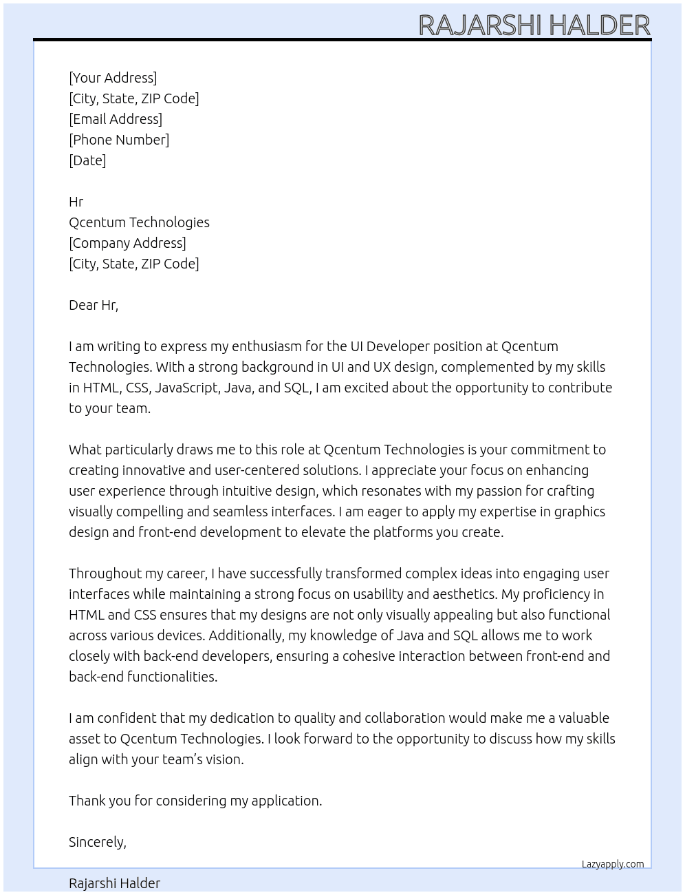 UI Developer  At Qcentum Technologies Cover Letter