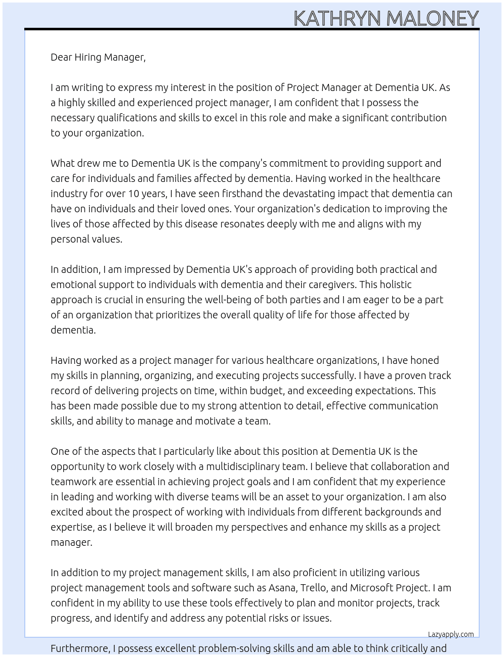 Project Manager At Dementia UK Cover Letter