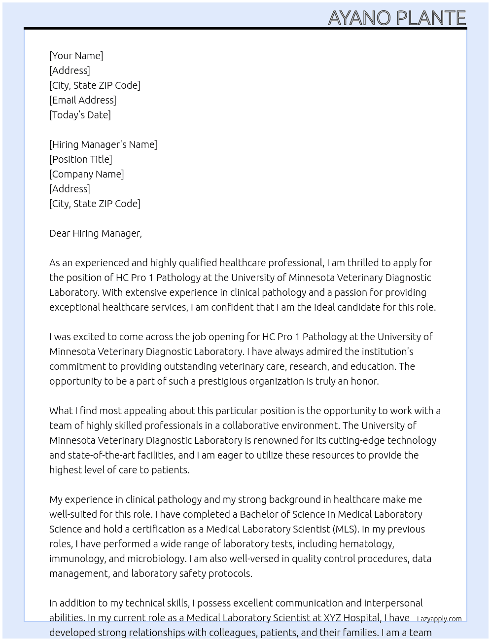 HC Pro 1 Pathology At University of Minnesota Veterinary Diagnostic Laboratory Cover Letter